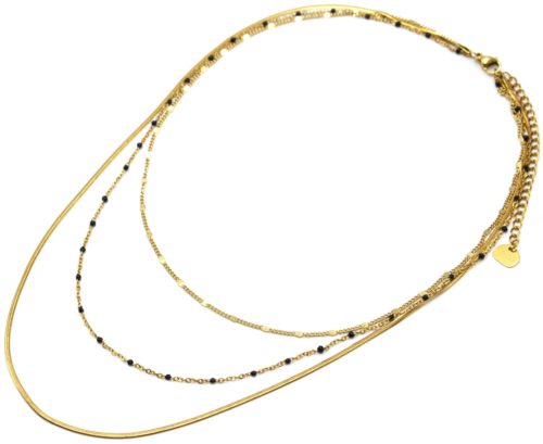 Collier-Triple-Chaines-Serpent-Ronde-Acier-Dore-et-Mini-Perles-Email-Noir