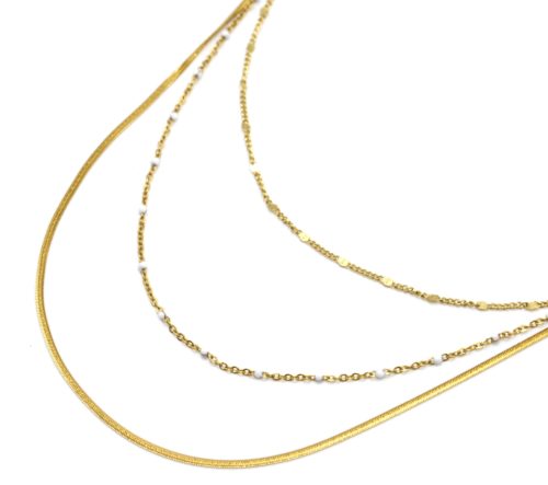 Collier-Triple-Chaines-Serpent-Ronde-Acier-Dore-et-Mini-Perles-Email-Blanc