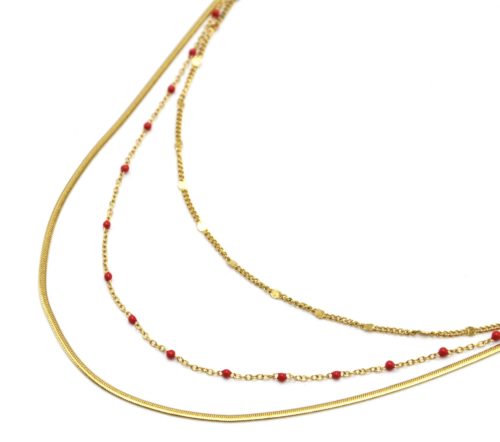 Collier-Triple-Chaines-Serpent-Ronde-Acier-Dore-et-Mini-Perles-Email-Rouge