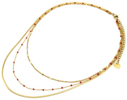 Collier-Triple-Chaines-Serpent-Ronde-Acier-Dore-et-Mini-Perles-Email-Rouge