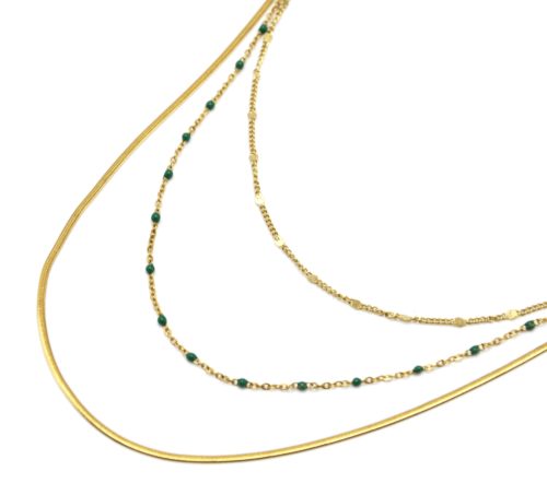 Collier-Triple-Chaines-Serpent-Ronde-Acier-Dore-et-Mini-Perles-Email-Vert