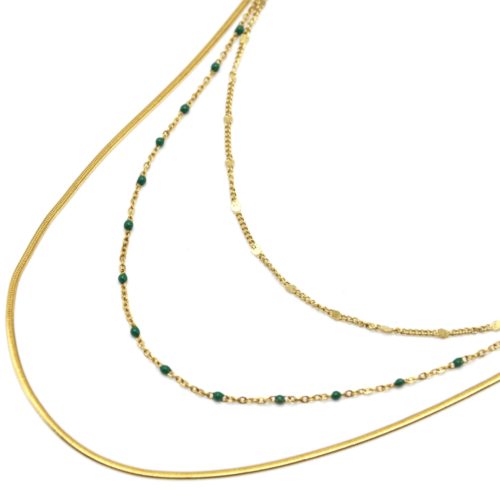 Collier-Triple-Chaines-Serpent-Ronde-Acier-Dore-et-Mini-Perles-Email-Vert
