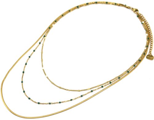 Collier-Triple-Chaines-Serpent-Ronde-Acier-Dore-et-Mini-Perles-Email-Vert