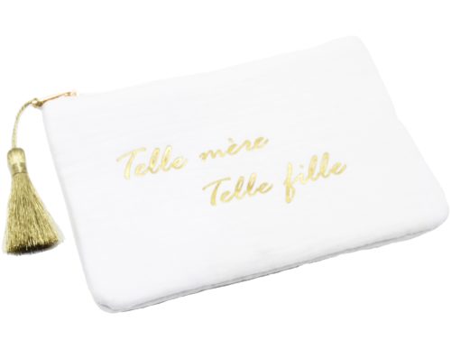 Trousse-Pochette-Coton-Blanc-Message-Telle-Mere-Telle-Fille-Pompon-Dore