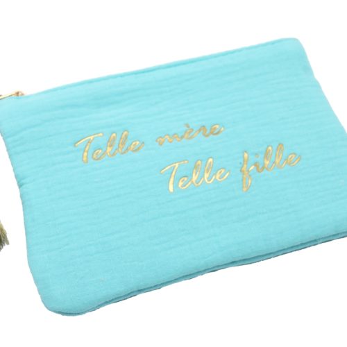 Trousse-Pochette-Coton-Bleu-Turquoise-Message-Telle-Mere-Telle-Fille-Pompon-Dore