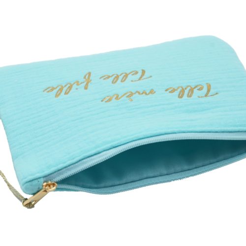 Trousse-Pochette-Coton-Bleu-Turquoise-Message-Telle-Mere-Telle-Fille-Pompon-Dore