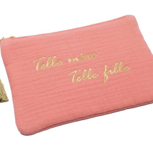 Trousse-Pochette-Coton-Rose-Corail-Message-Telle-Mere-Telle-Fille-Pompon-Dore