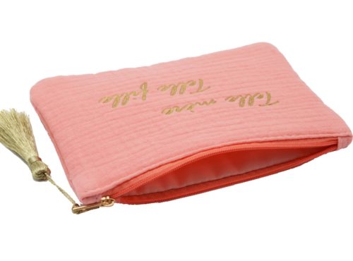 Trousse-Pochette-Coton-Rose-Corail-Message-Telle-Mere-Telle-Fille-Pompon-Dore