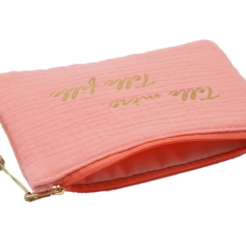 Trousse-Pochette-Coton-Rose-Corail-Message-Telle-Mere-Telle-Fille-Pompon-Dore