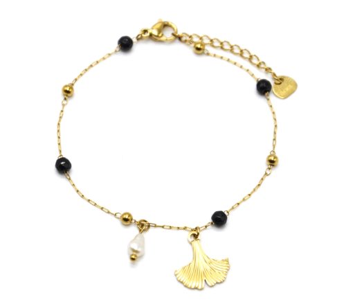 Bracelet-Chaine-Billes-Acier-Dore-Pierres-Noires-avec-Feuille-Ginkgo-et-Perle