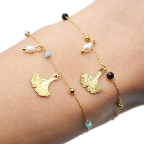 Bracelet-Chaine-Billes-Acier-Dore-Pierres-avec-Feuille-Ginkgo-et-Perle