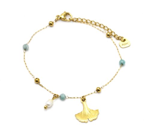 Bracelet-Chaine-Billes-Acier-Dore-Pierres-Vertes-avec-Feuille-Ginkgo-et-Perle