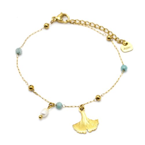 Bracelet-Chaine-Billes-Acier-Dore-Pierres-Vertes-avec-Feuille-Ginkgo-et-Perle