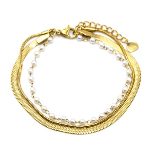 Bracelet-Triple-Chaines-Serpent-Plate-et-Ronde-Acier-Dore-avec-Perles-Ecru