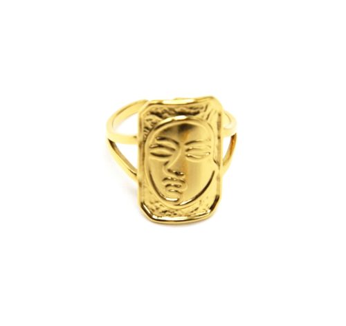 Bague-Anneau-avec-Medaille-Rectangle-Martelee-Visage-Acier-Dore