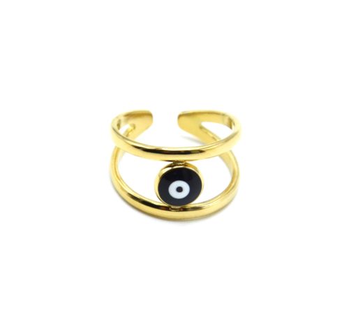 Bague-Double-Anneaux-Acier-Dore-avec-Oeil-Email-Noir