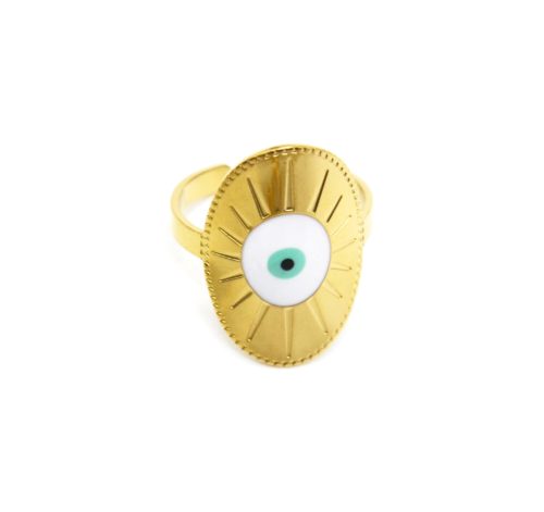 Bague-Anneau-avec-Medaille-Ovale-Rayons-Acier-Dore-et-Oeil-Email-Blanc