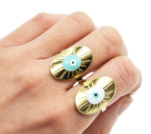 Bague-Anneau-avec-Medaille-Ovale-Rayons-Acier-Dore-et-Oeil-Email-Couleur