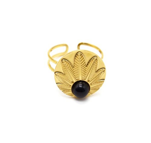 Bague-Anneau-Ajoure-avec-Medaille-Feuilles-Acier-Dore-et-Pierre-Noire