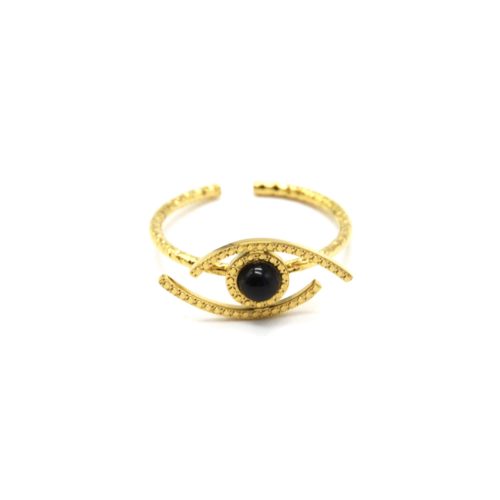 Bague-Anneau-Fin-Martele-avec-Oeil-Contour-Acier-Dore-et-Pierre-Noire