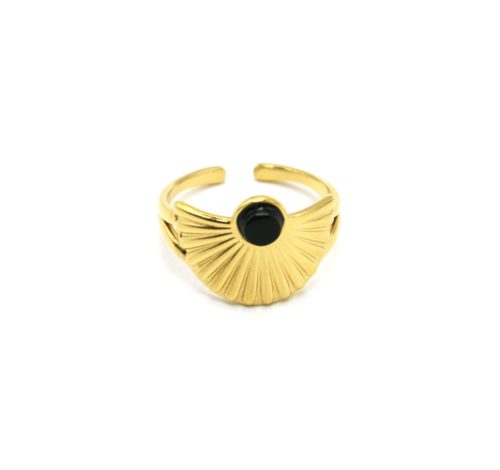 Bague-Anneau-avec-Demi-Cercle-Rayons-Acier-Dore-et-Pierre-Noire