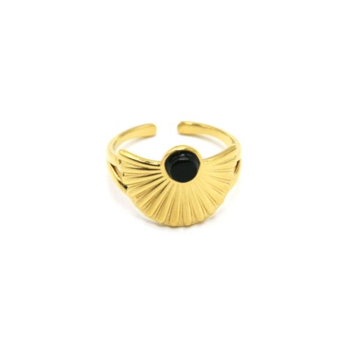 Bague-Anneau-avec-Demi-Cercle-Rayons-Acier-Dore-et-Pierre-Noire