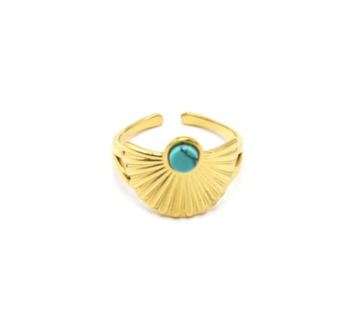 Bague-Anneau-avec-Demi-Cercle-Rayons-Acier-Dore-et-Pierre-Turquoise