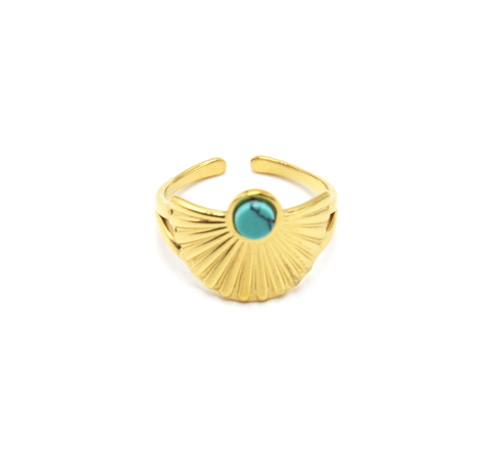 BG1728 Bague Anneau avec Demi Cercle Rayons Acier Dore et Pierre Turquoise