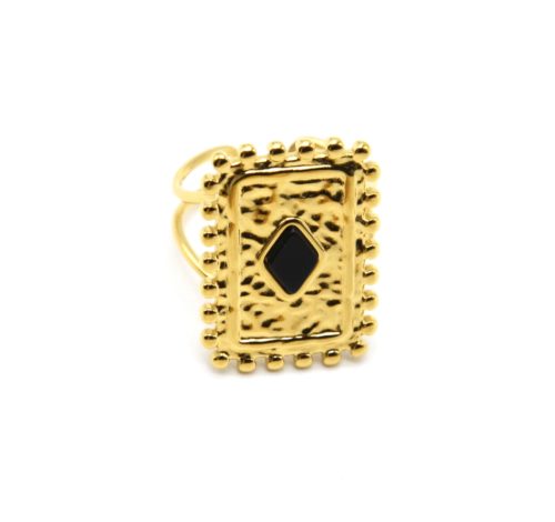 Bague-avec-Medaille-Martelee-Rectangle-Points-Acier-Dore-et-Pierre-Noire