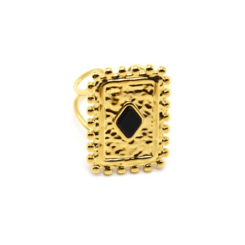 Bague-avec-Medaille-Martelee-Rectangle-Points-Acier-Dore-et-Pierre-Noire