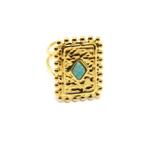 Bague-avec-Medaille-Martelee-Rectangle-Points-Acier-Dore-et-Pierre-Verte