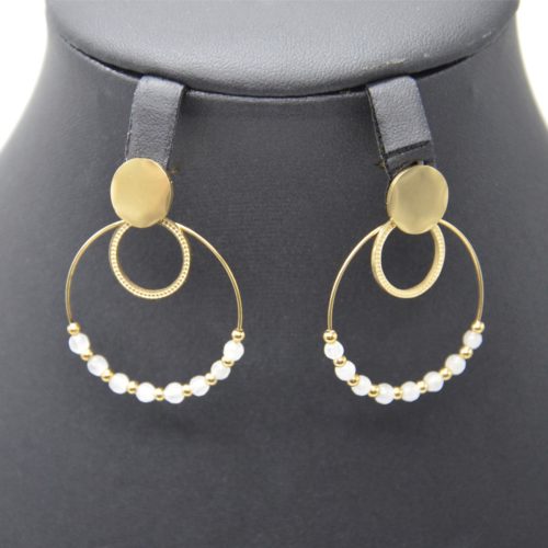 Boucles-dOreilles-Medaille-Cercles-Acier-Dore-avec-Billes-et-Pierres-Blanches