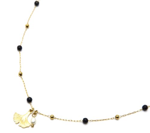 Collier-Chaine-Billes-Acier-Dore-Pierres-Noires-avec-Feuille-Ginkgo-et-Perle