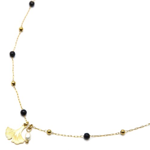 Collier-Chaine-Billes-Acier-Dore-Pierres-Noires-avec-Feuille-Ginkgo-et-Perle