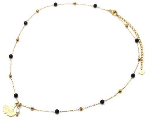 Collier-Chaine-Billes-Acier-Dore-Pierres-Noires-avec-Feuille-Ginkgo-et-Perle