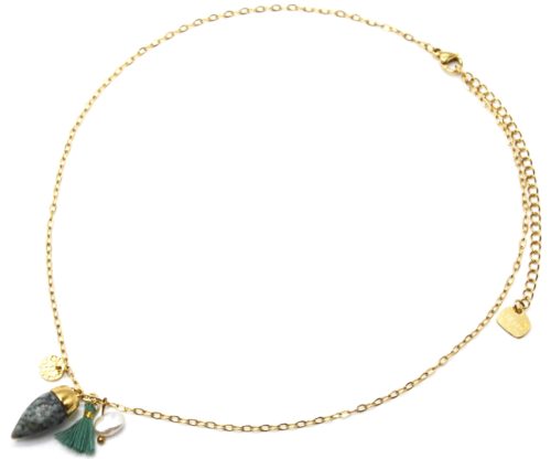 Collier-Fine-Chaine-Acier-Dore-avec-Pierre-Pointe-Verte-et-Multi-Charms