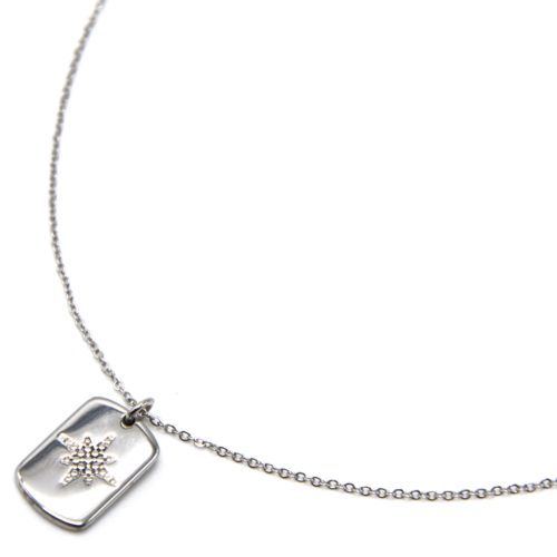 Collier-Fine-Chaine-Pendentif-Medaille-Rectangle-Etoile-Polaire-Acier-Argente