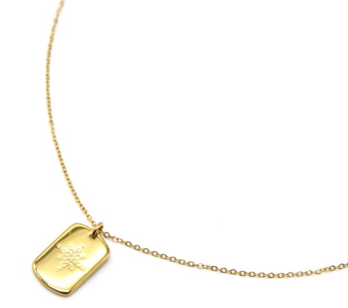 Collier-Fine-Chaine-Pendentif-Medaille-Rectangle-Etoile-Polaire-Acier-Dore