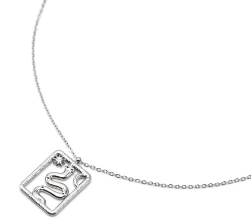 Collier-Fine-Chaine-Pendentif-Serpent-Contour-Rectangle-Acier-Argente