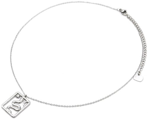 Collier-Fine-Chaine-Pendentif-Serpent-Contour-Rectangle-Acier-Argente