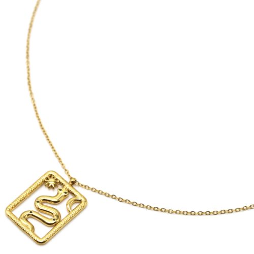 Collier-Fine-Chaine-Pendentif-Serpent-Contour-Rectangle-Acier-Dore