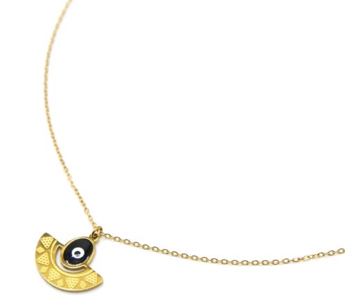 Collier-Chaine-Pendentif-Demi-Cercle-Motif-Ethnique-Acier-Dore-et-Oeil-Email-Noir