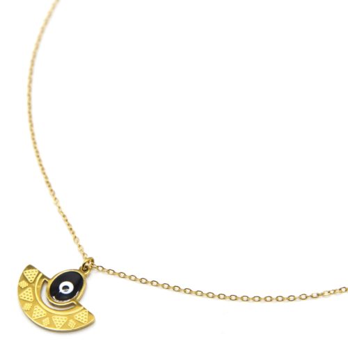 Collier-Chaine-Pendentif-Demi-Cercle-Motif-Ethnique-Acier-Dore-et-Oeil-Email-Noir