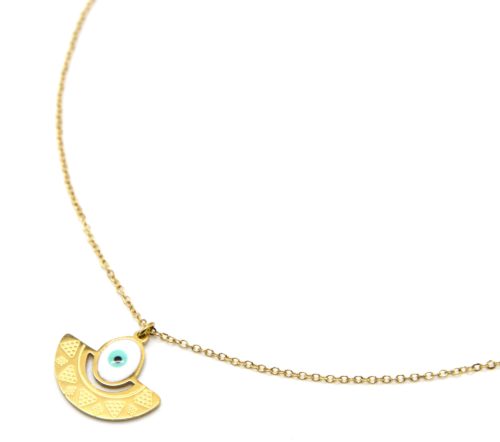 Collier-Chaine-Pendentif-Demi-Cercle-Motif-Ethnique-Acier-Dore-et-Oeil-Email-Blanc