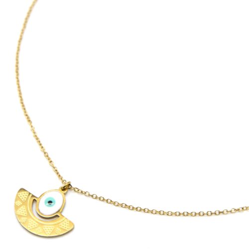 Collier-Chaine-Pendentif-Demi-Cercle-Motif-Ethnique-Acier-Dore-et-Oeil-Email-Blanc