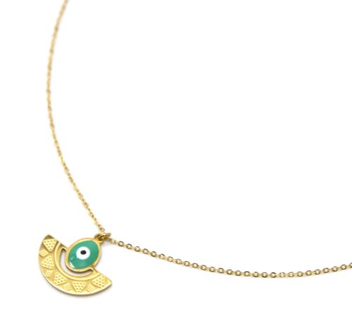 Collier-Chaine-Pendentif-Demi-Cercle-Motif-Ethnique-Acier-Dore-et-Oeil-Email-Vert