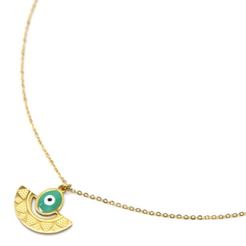 Collier-Chaine-Pendentif-Demi-Cercle-Motif-Ethnique-Acier-Dore-et-Oeil-Email-Vert