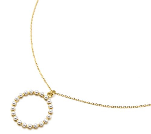 Collier-Fine-Chaine-Acier-Dore-Pendentif-Cercle-Contour-Mini-Perles-Ecru