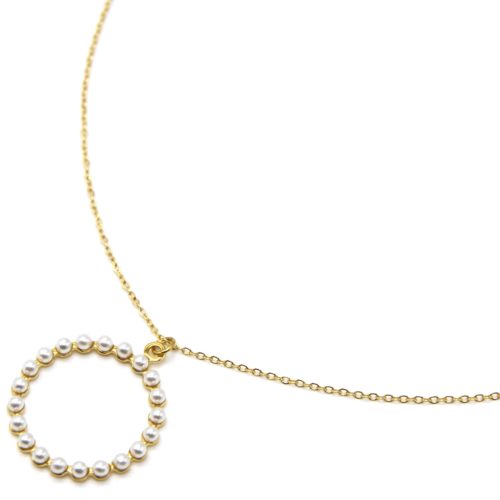 Collier-Fine-Chaine-Acier-Dore-Pendentif-Cercle-Contour-Mini-Perles-Ecru