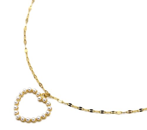 Collier-Chaine-Acier-Dore-Pendentif-Coeur-Contour-Mini-Perles-Ecru